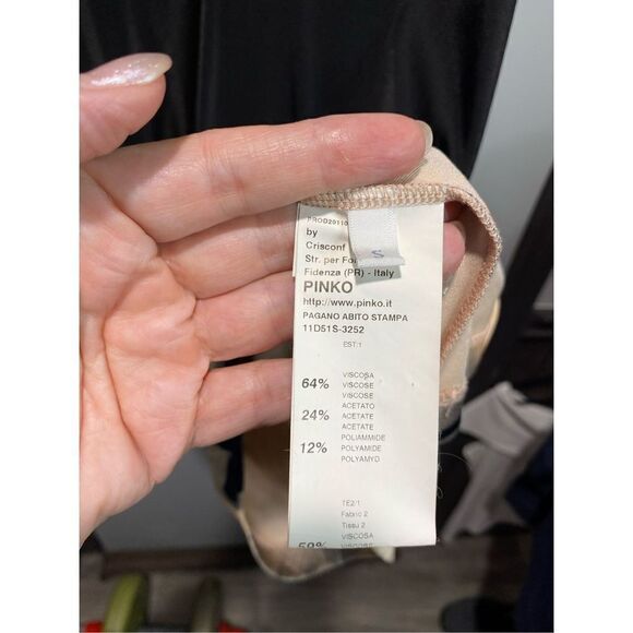 Small, Pinko, dress with plunging back. Black, coral and peach. Made in Italy - Picture 6 of 8